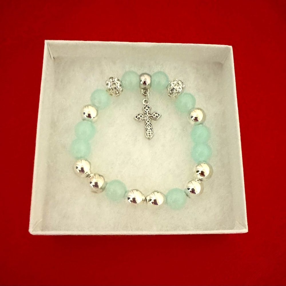 NEW, Glass Bead Bracelet, with Silvertone Accents and Cross, Seafoam. $14